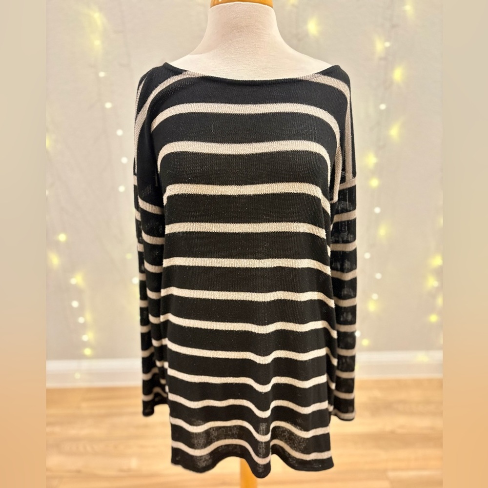 Black and Tan Striped Sweater Tunic/Dress with Elbow Patch Details